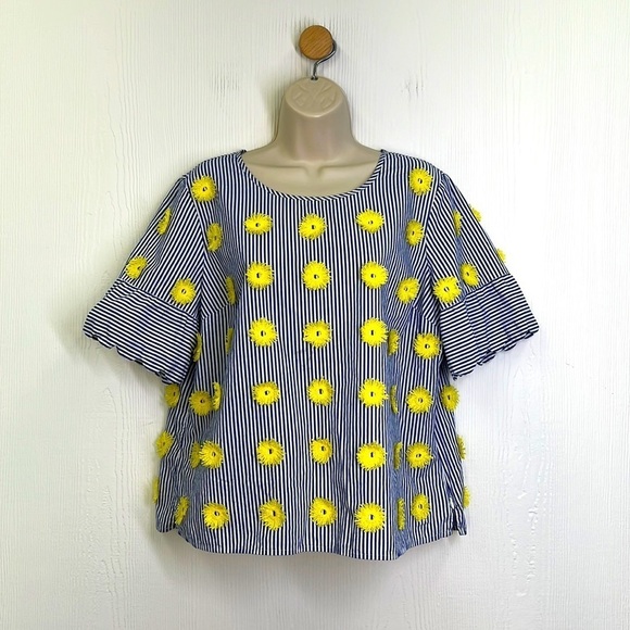 Talbots - Blue Stripe W/ Yellow Appliqués Short Sleeve Blouse Size Large Petite - Picture 1 of 12